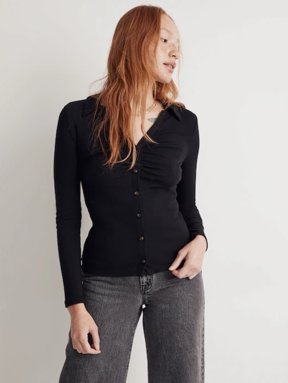 NWT Madewell Ruched Polo Cardigan Black Size Small